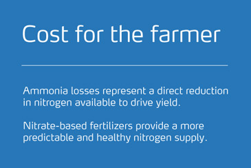 Cost for the farmer Ammonia losses represent a direct reduction in nitrogen available to drive yield.  Nitrate-based fertilizers provide a more predictable and healthy nitrogen supply.